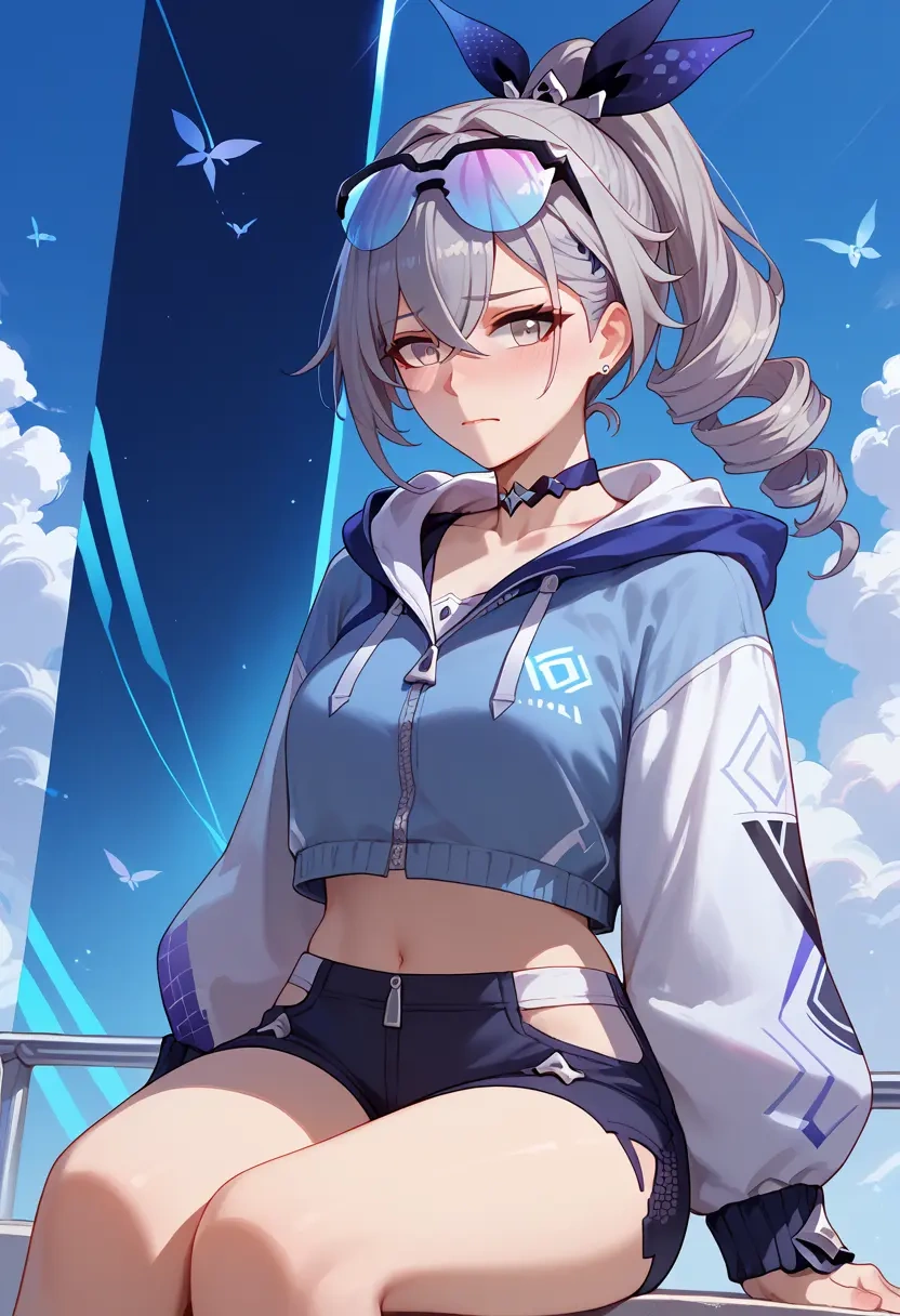 star rail,silver wolf,crop hoodie,shorts  - 